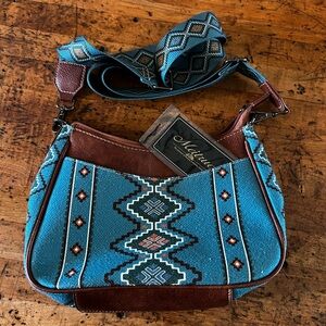NWT Meitrue Vegan leather Blue and Brown Aztec Print Shoulder Bag